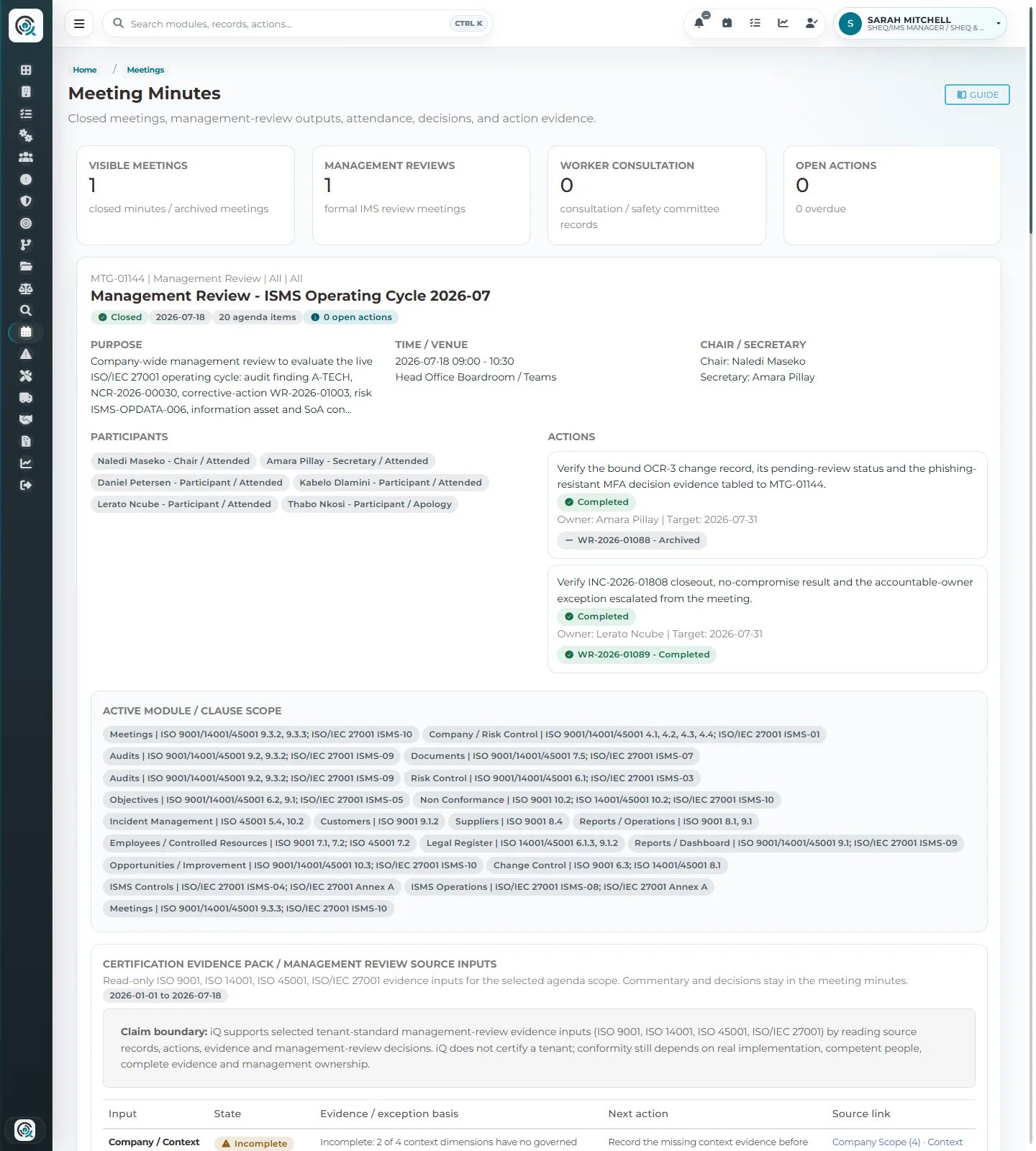 iQuotient management review record showing meeting outputs, action owners and linked work requests